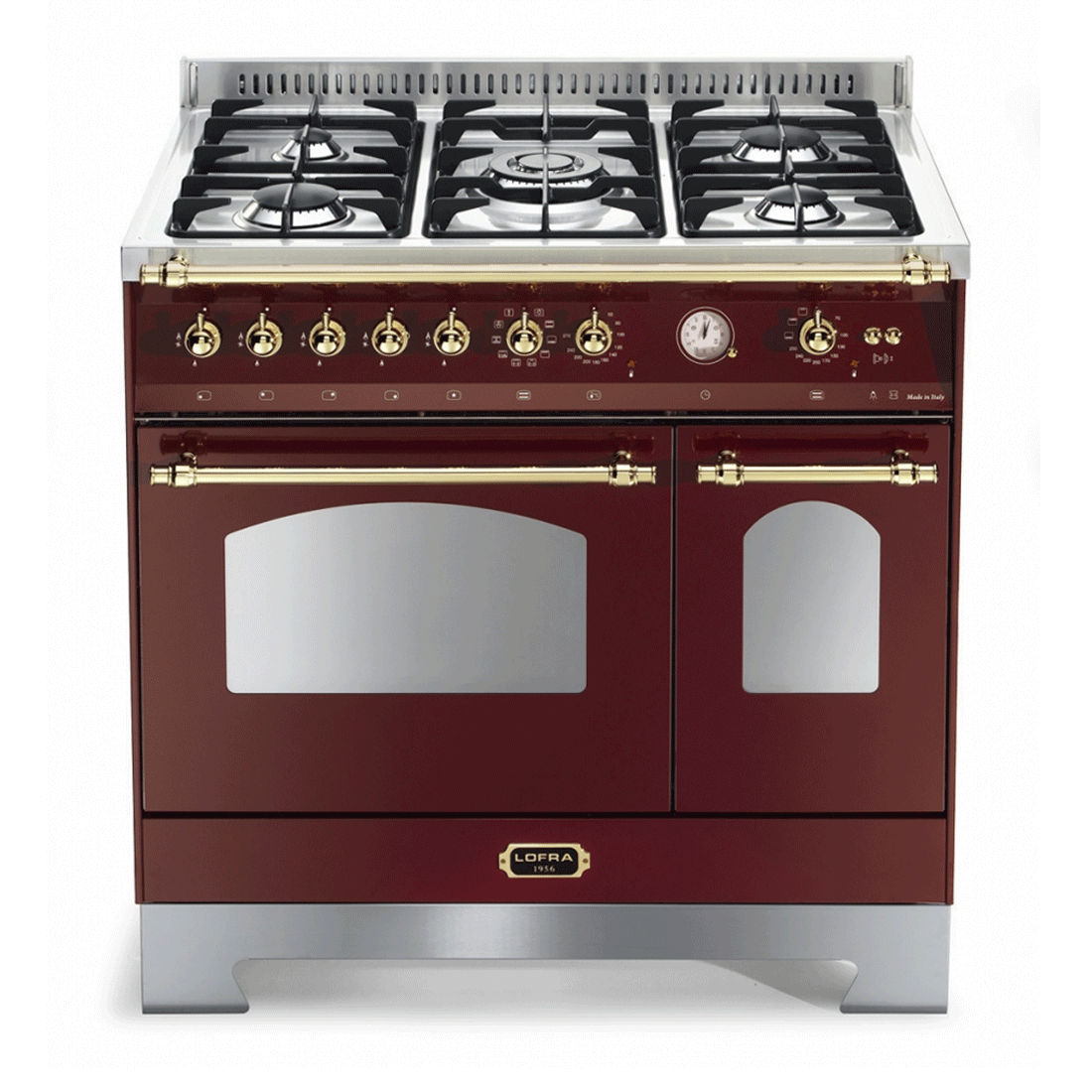 Fogão Lofra Vintage Dolcevita 5 bocas, acabamento vinho, forno elétrico duplo, 106 litros, 90cm, 220V.
